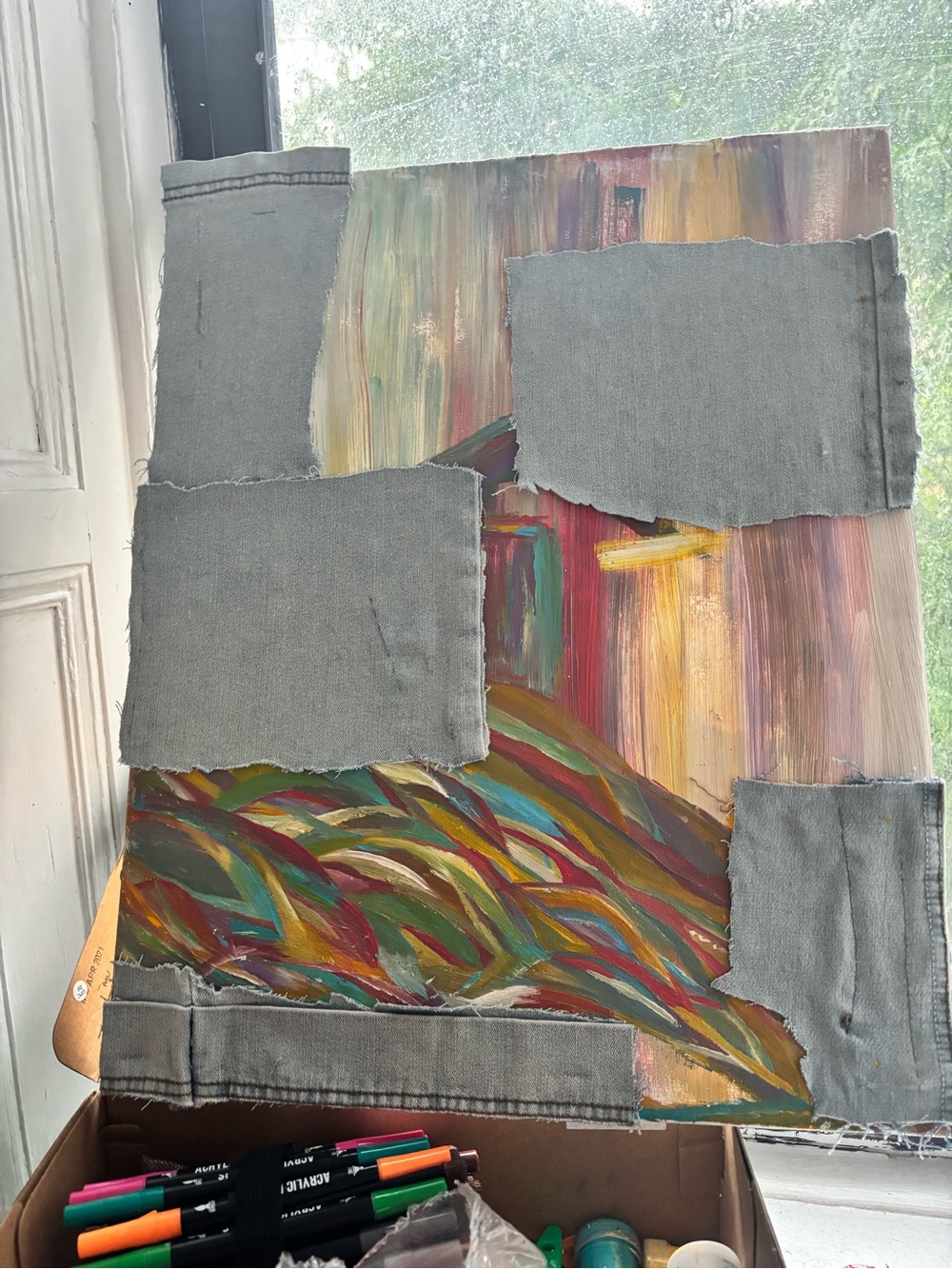 Abstract Canvas Painting with Gray Fabric Accents